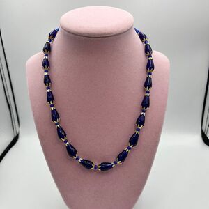 Vintage Handmade chunky royal blue glass gold tone necklace